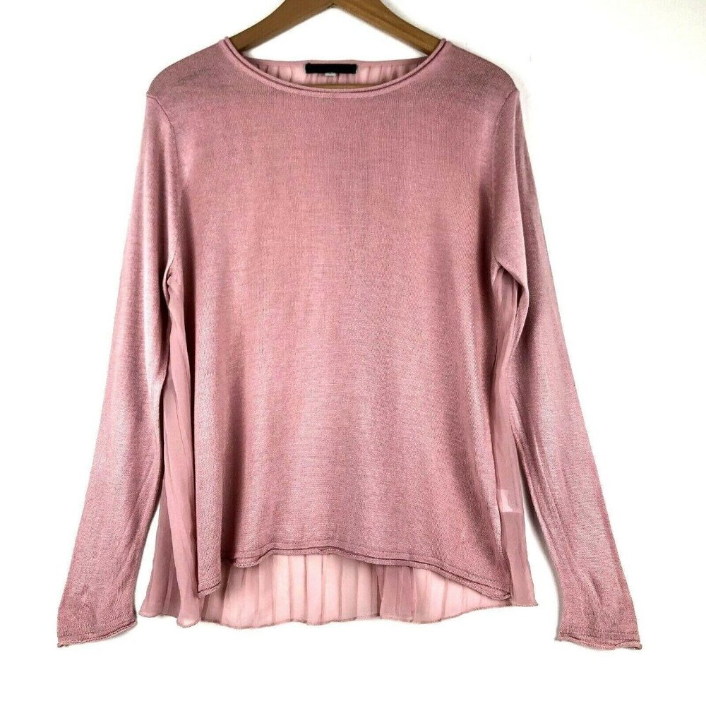 Cleo Petite S Pink Knit Blouse Sheer Pleated Back Long Sleeve Work Career Casual